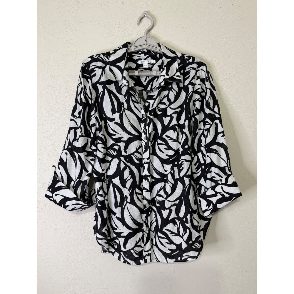 Chicos Black White Abstract Leaf Print 100% Linen Button Down Shirt Size 2 US 12